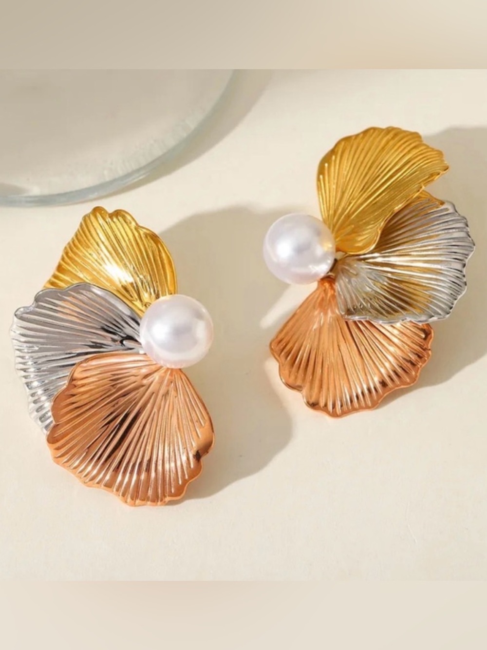 Three Color Floral Pearl Stud Earrings